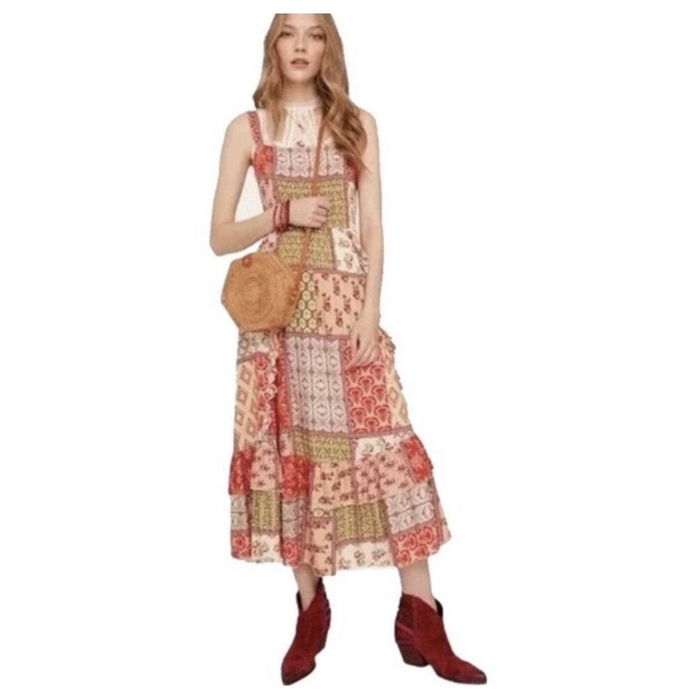 Abel The Label Dress Gypsiana ruffle ladies Pink Boho Patchwork Maxi Rayon Small
